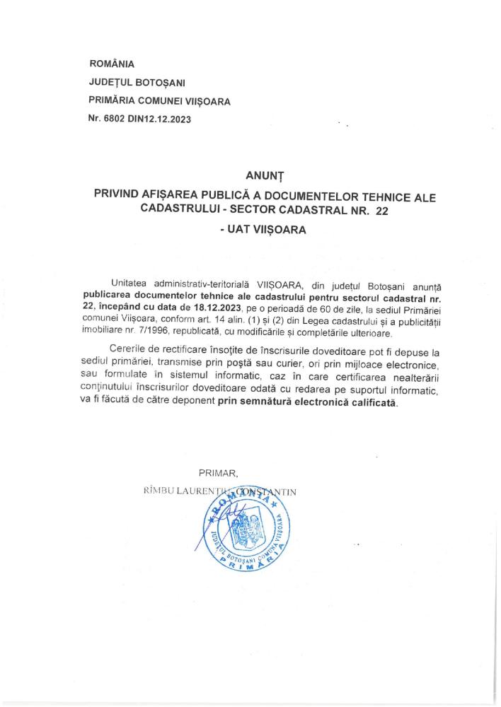 ANUNȚ privind afișarea publică a documentelor tehnice ale cadastrului - sector cadastral nr. 22