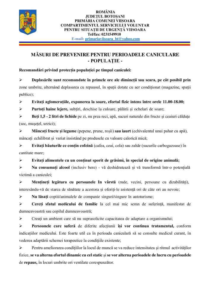 Recomandări privind protecția populației pe timpul caniculei
