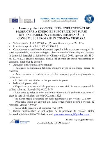•	Valoare totala: 1.882.027,05 lei ; Procent finantare prin FM: 71%
•	Localizarea proiectului: UAT VIISOARA
