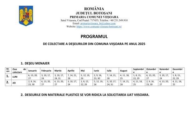 PROGRAMUL DE COLECTARE A DEȘEURILOR DIN COMUNA VIIȘOARA PE ANUL 2025